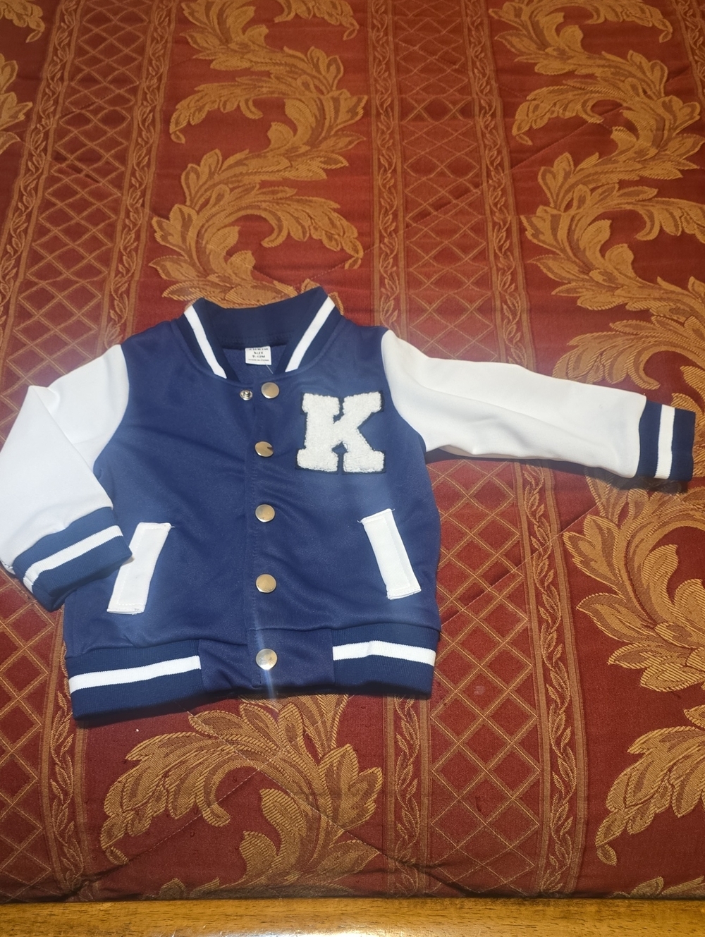 Kids Navy Blue & White Varsity Jacket with 'K' Patch